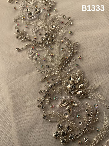 #B1333  Elegant Silver Floral Design Trim Beaded with Rhinestones, Sequins, Crystals, and Beads – Perfect for Fashion, and Crafting Embellishments