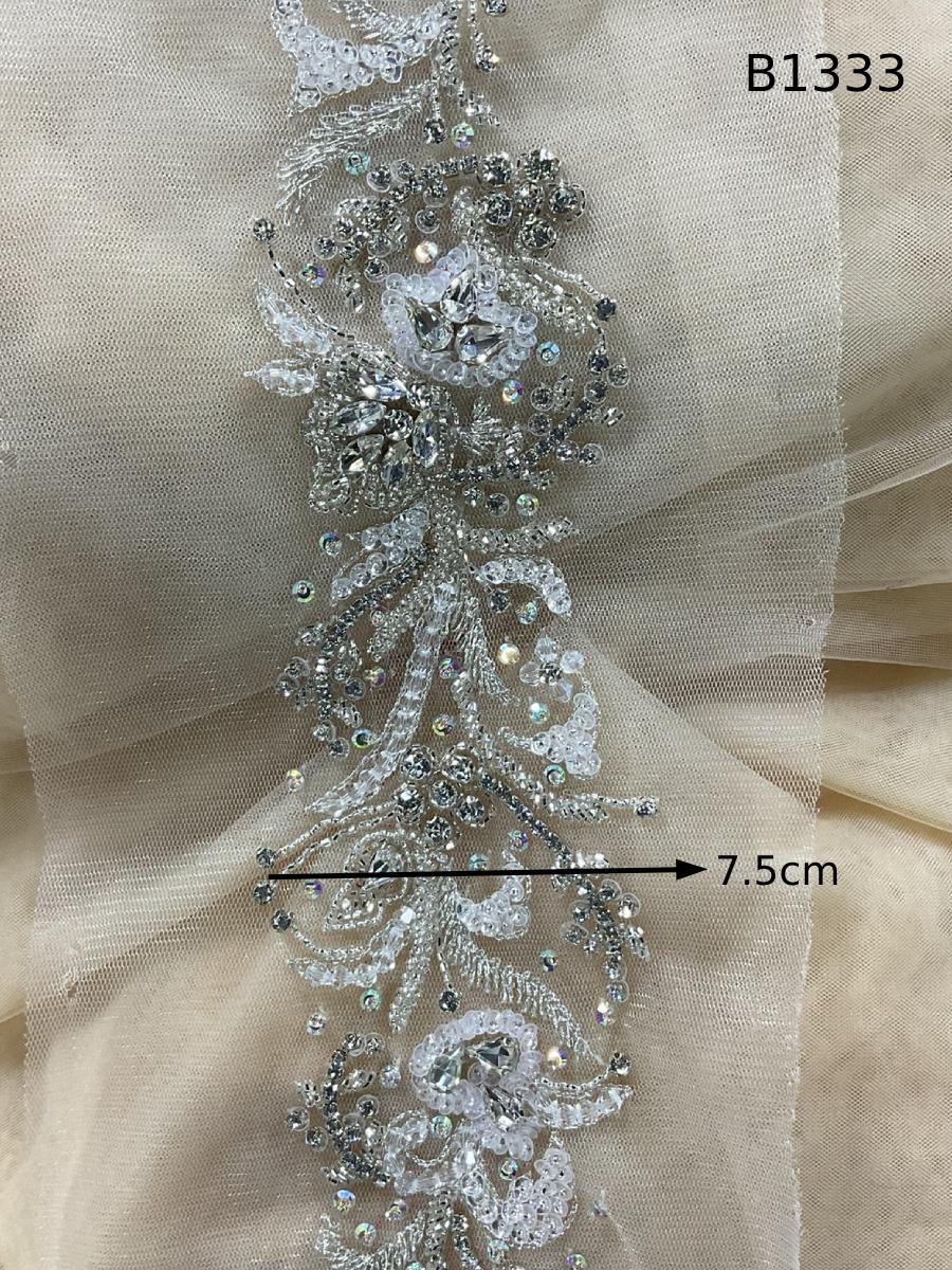 #B1333  Elegant Silver Floral Design Trim Beaded with Rhinestones, Sequins, Crystals, and Beads – Perfect for Fashion, and Crafting Embellishments