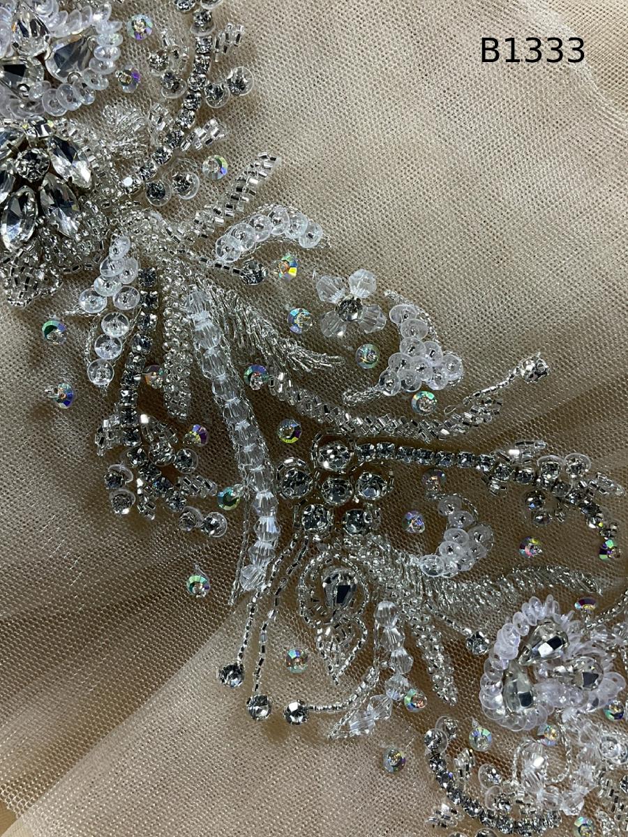 #B1333  Elegant Silver Floral Design Trim Beaded with Rhinestones, Sequins, Crystals, and Beads – Perfect for Fashion, and Crafting Embellishments