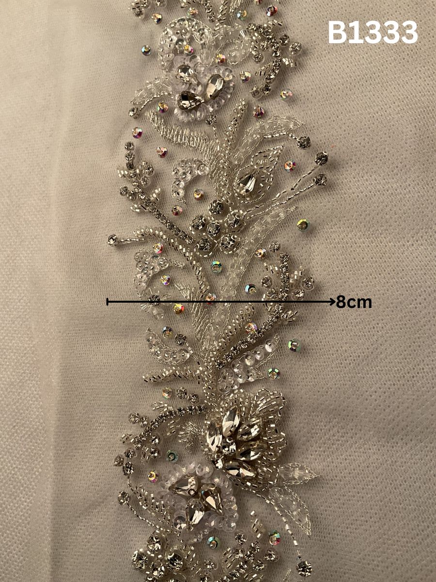 #B1333  Elegant Silver Floral Design Trim Beaded with Rhinestones, Sequins, Crystals, and Beads – Perfect for Fashion, and Crafting Embellishments