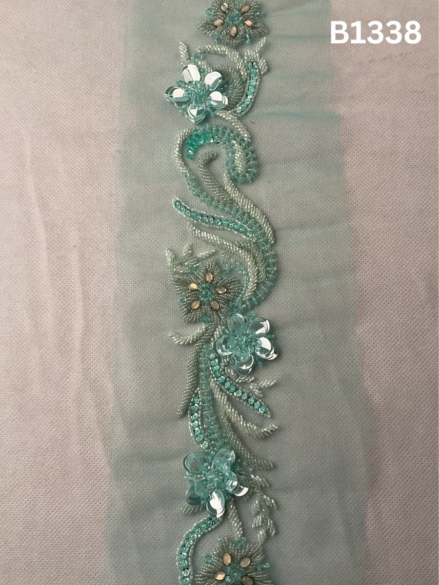 #B1338 Blue & Silver Abstract Hand-Beaded Trim with Intricate Beads and Sparkling Rhinestones