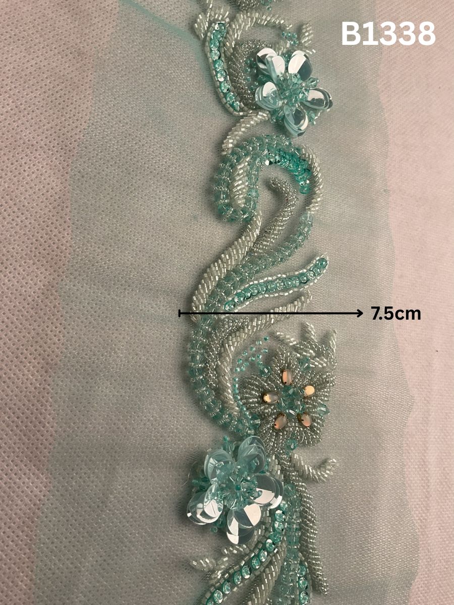 #B1338 Blue & Silver Abstract Hand-Beaded Trim with Intricate Beads and Sparkling Rhinestones