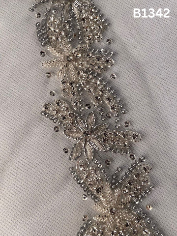 #B1342 Elegant Silver Abstract Hand-Beaded Trim with Intricate Beads, Shimmering Rhinestones & Fine Threadwork