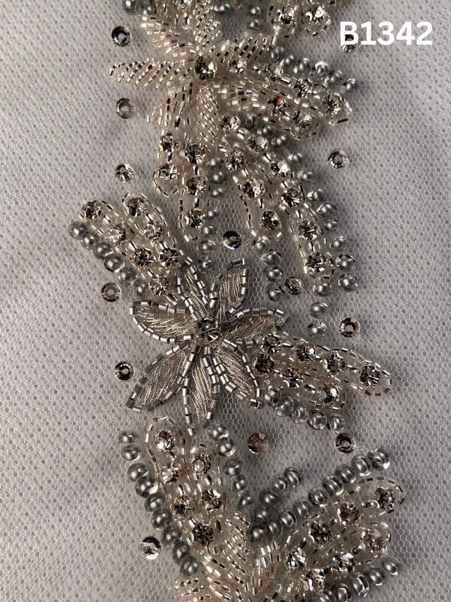 #B1342 Elegant Silver Abstract Hand-Beaded Trim with Intricate Beads, Shimmering Rhinestones & Fine Threadwork