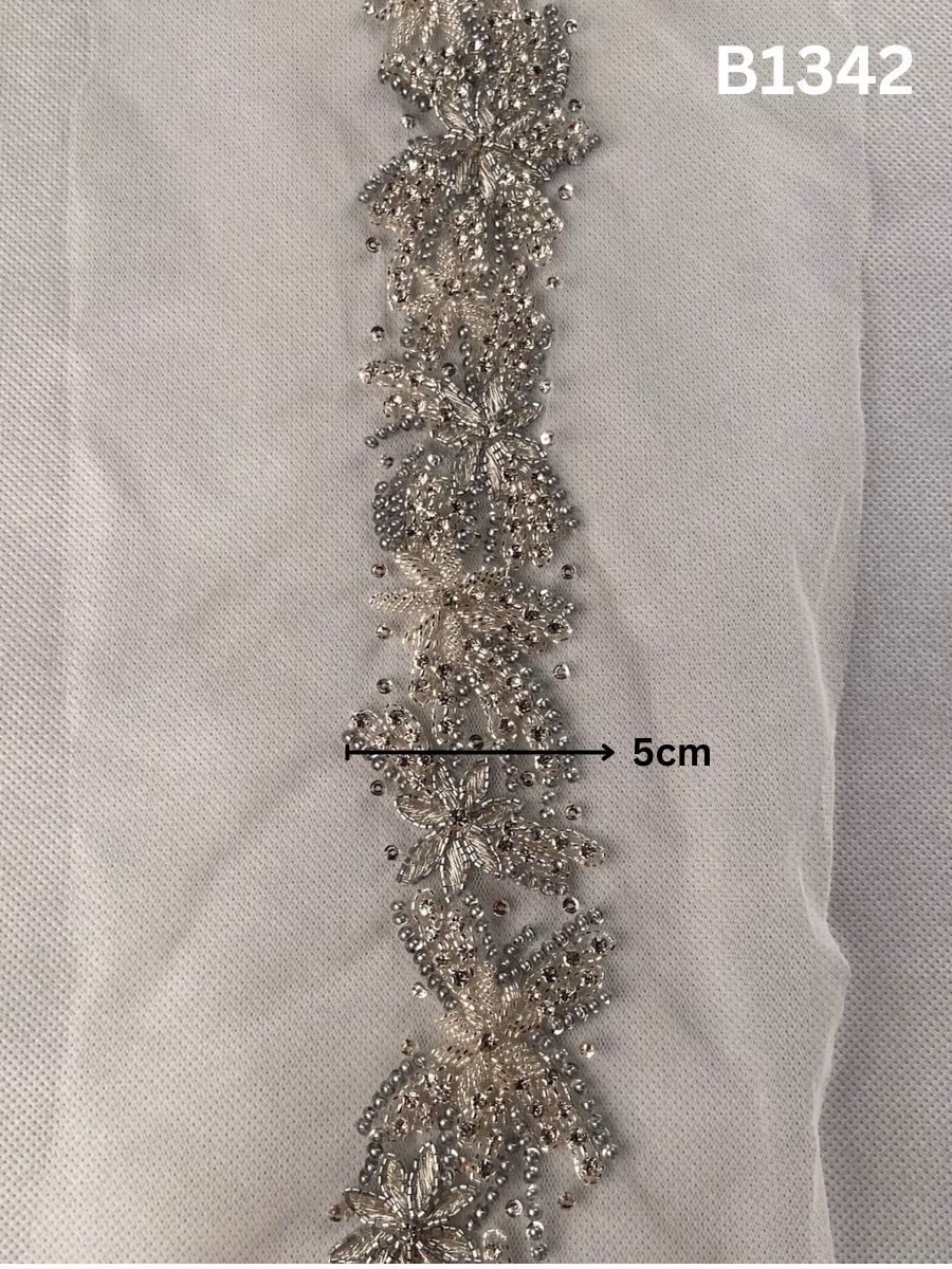 #B1342 Elegant Silver Abstract Hand-Beaded Trim with Intricate Beads, Shimmering Rhinestones & Fine Threadwork