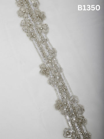 #B1350 Silver Dusk: Abstract Hand-Beaded Trim with Rhinestones, Beads, and Fine Threadwork