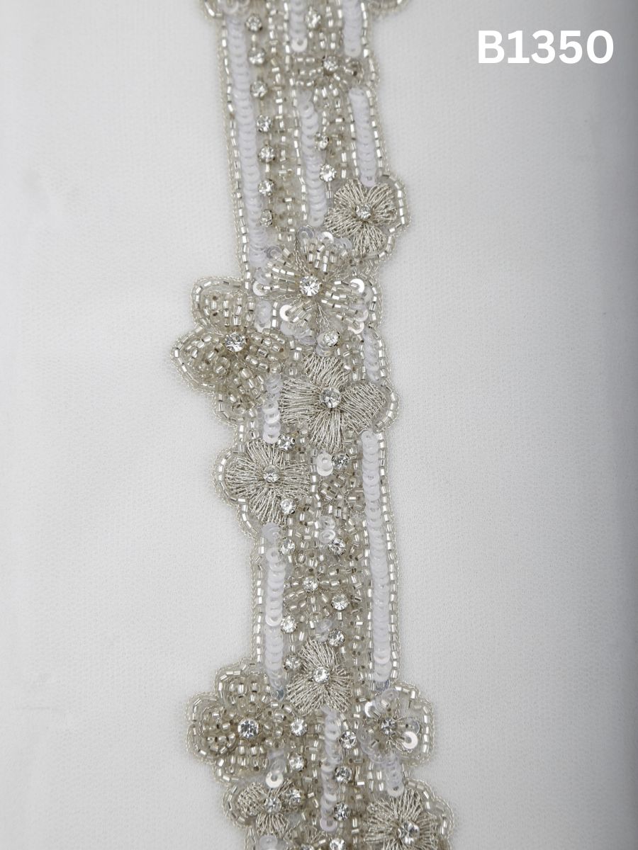 #B1350 Silver Dusk: Abstract Hand-Beaded Trim with Rhinestones, Beads, and Fine Threadwork