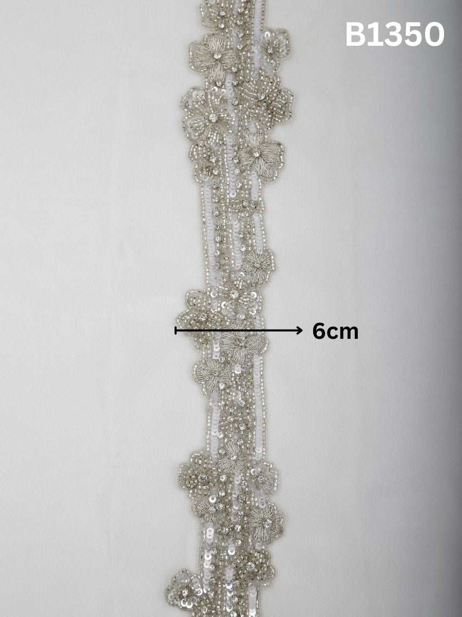 #B1350 Silver Dusk: Abstract Hand-Beaded Trim with Rhinestones, Beads, and Fine Threadwork