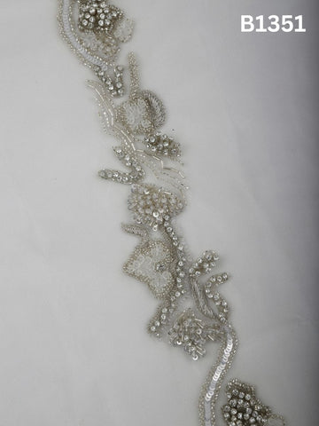#B1351 Silver Mist: Abstract Hand-Beaded Trim with Rhinestones, Sequins, Beads & Intricate Threadwork