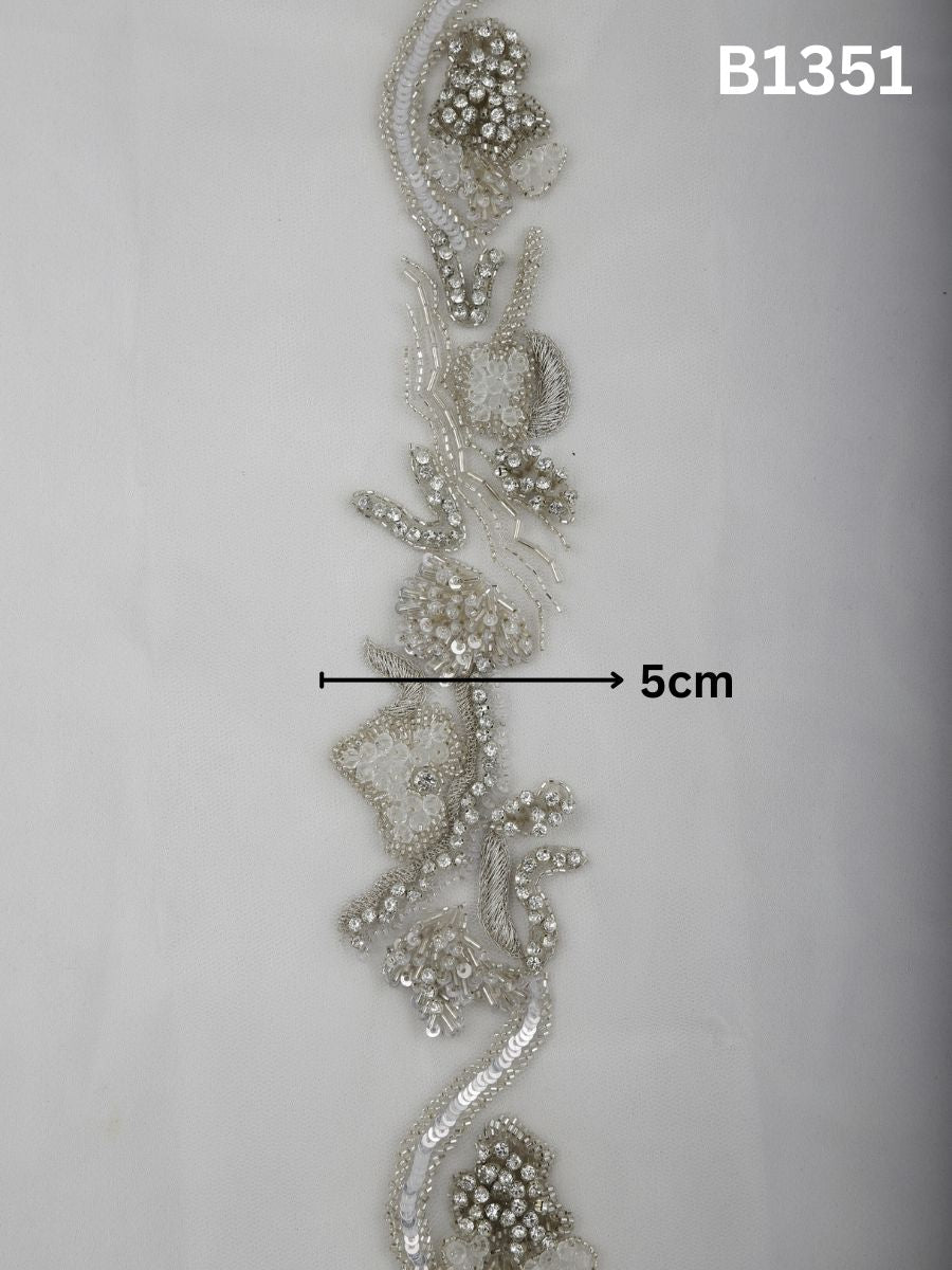 #B1351 Silver Mist: Abstract Hand-Beaded Trim with Rhinestones, Sequins, Beads & Intricate Threadwork