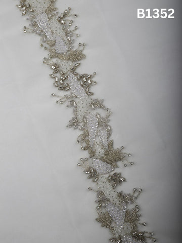 #B1352 Silver Classic Floral Hand-Beaded Trim with Rhinestones, Sequins, and Textured Beads