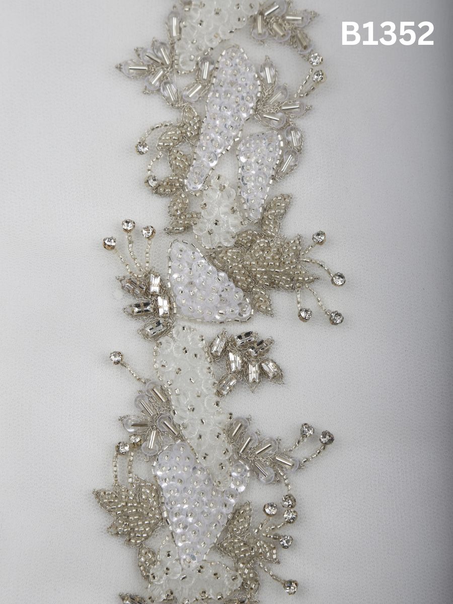 #B1352 Silver Classic Floral Hand-Beaded Trim with Rhinestones, Sequins, and Textured Beads