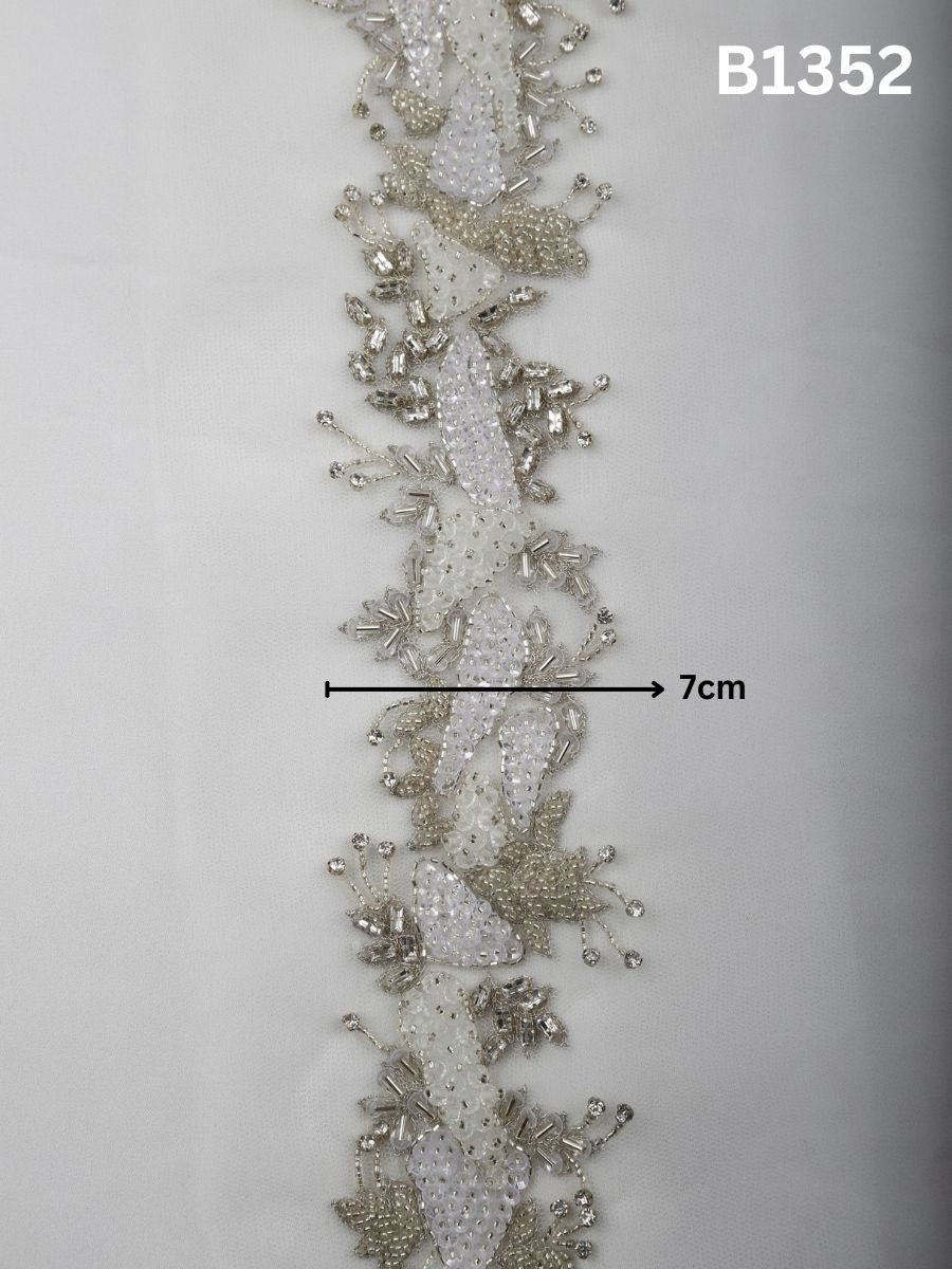 #B1352 Silver Classic Floral Hand-Beaded Trim with Rhinestones, Sequins, and Textured Beads