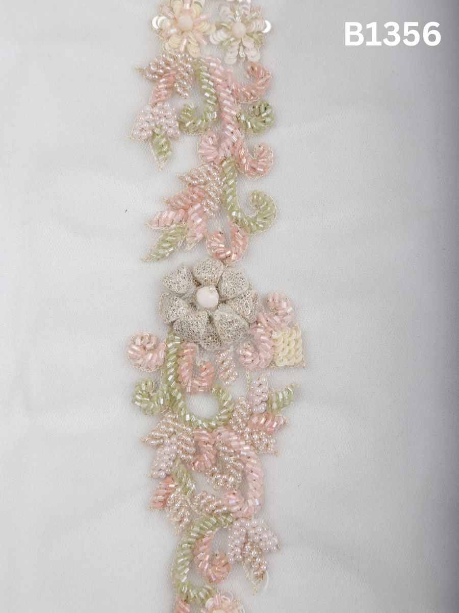 #B1356 Multi Colour Classic Floral Hand-Beaded Trim with Sequins, Appliqué Accents and Mixed Beads