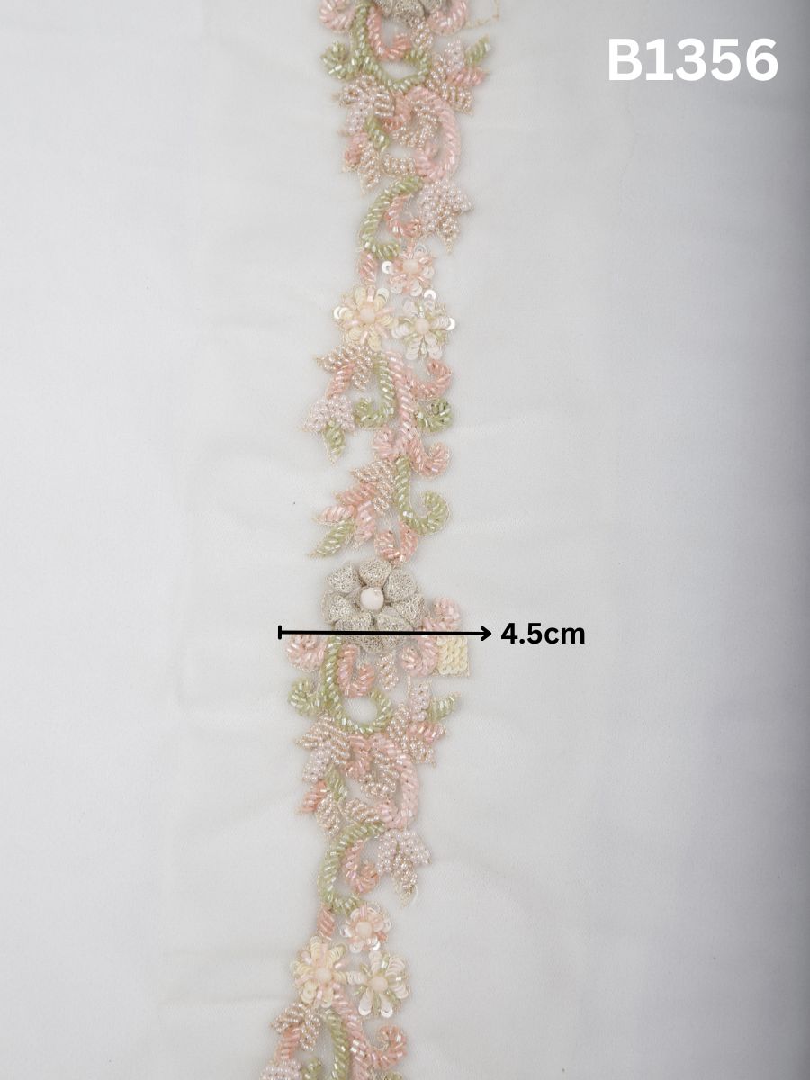 #B1356 Multi Colour Classic Floral Hand-Beaded Trim with Sequins, Appliqué Accents and Mixed Beads