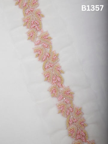 #B1357 Pink & Ivory Classic Floral Hand-Beaded Trim with Detailed Thread work and Dimensional Beads