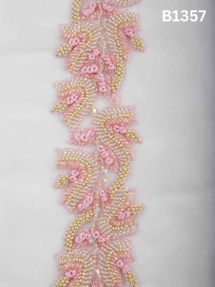 #B1357 Pink & Ivory Classic Floral Hand-Beaded Trim with Detailed Thread work and Dimensional Beads