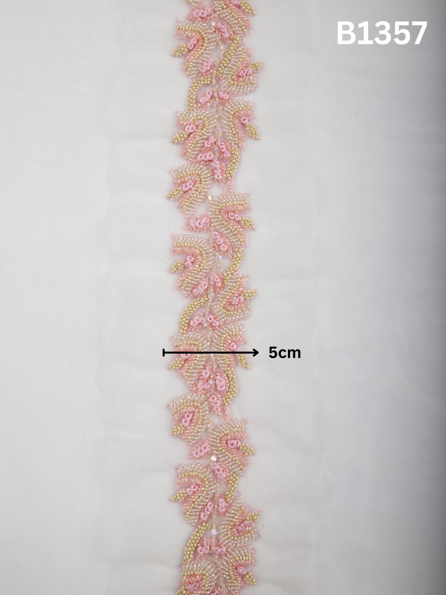 #B1357 Pink & Ivory Classic Floral Hand-Beaded Trim with Detailed Thread work and Dimensional Beads
