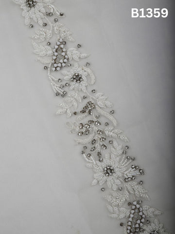 #B1359 Ivory & Silver Classic Floral Hand-Beaded Trim with Thread work, Rhinestones, and Dimensional Beads