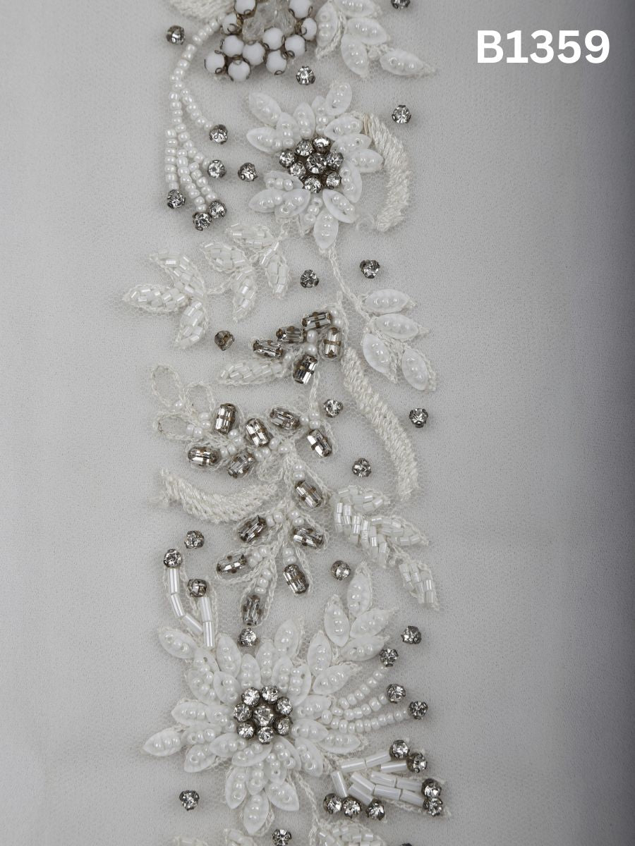 #B1359 Ivory & Silver Classic Floral Hand-Beaded Trim with Thread work, Rhinestones, and Dimensional Beads