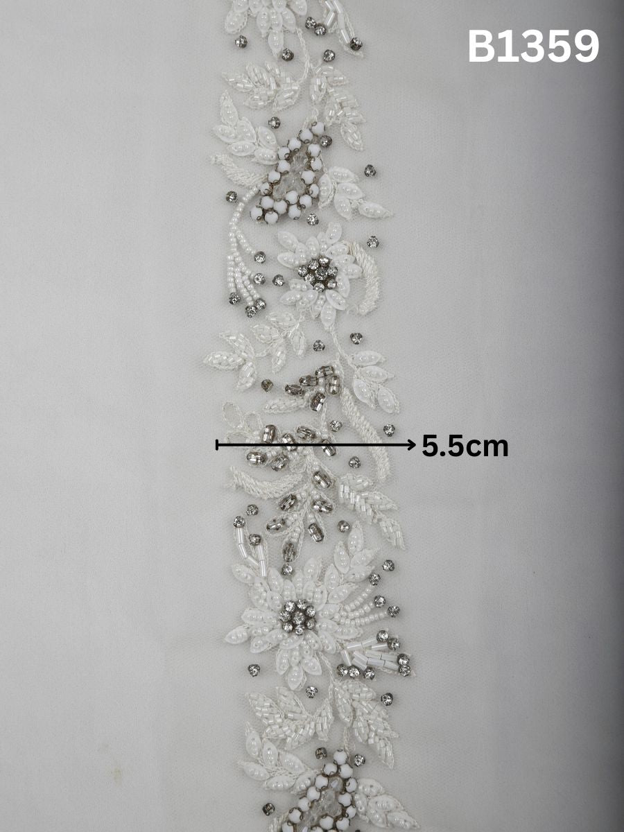 #B1359 Ivory & Silver Classic Floral Hand-Beaded Trim with Thread work, Rhinestones, and Dimensional Beads