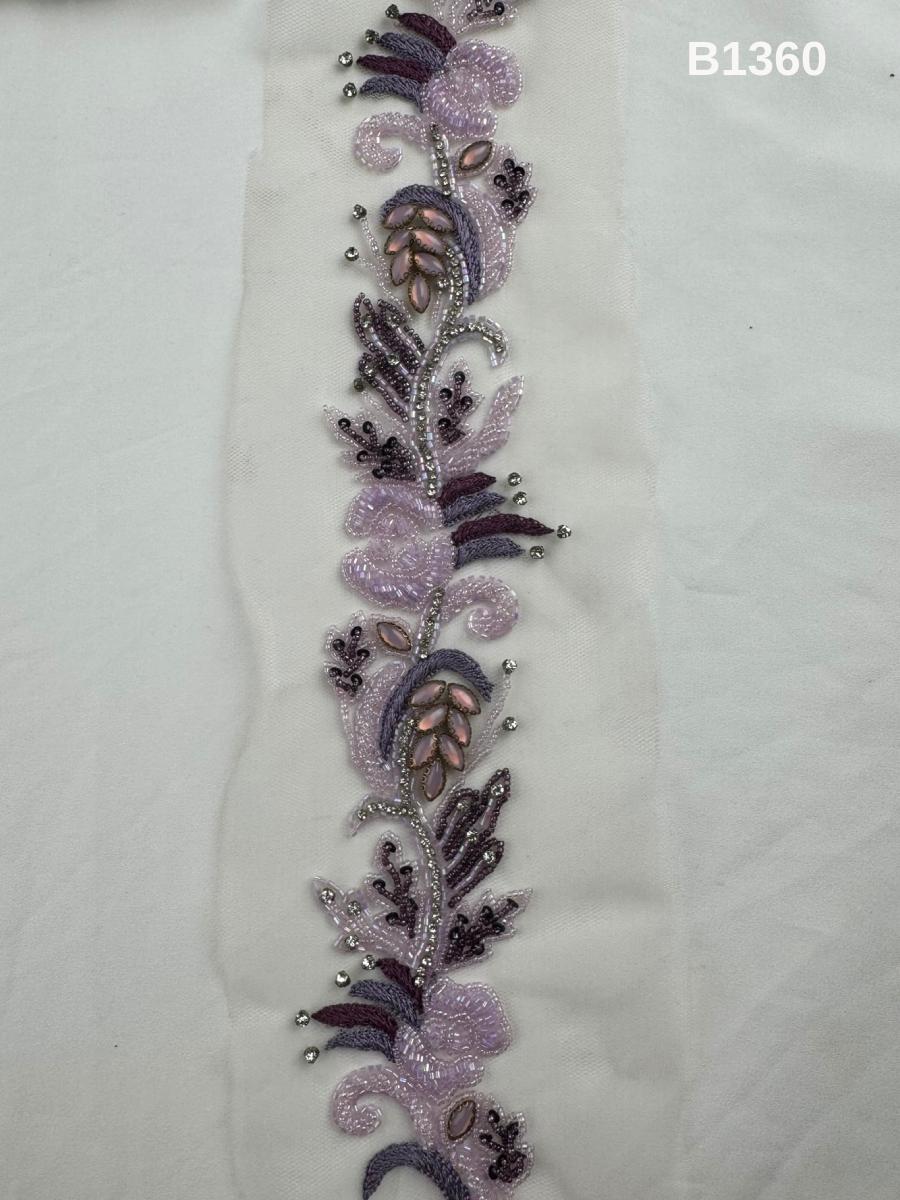 #B1360 Exquisite Floral Design Trim Beaded with Thread Work, Rhinestones, and Exotic Beads – Luxurious Decorative Embellishment for Fashion