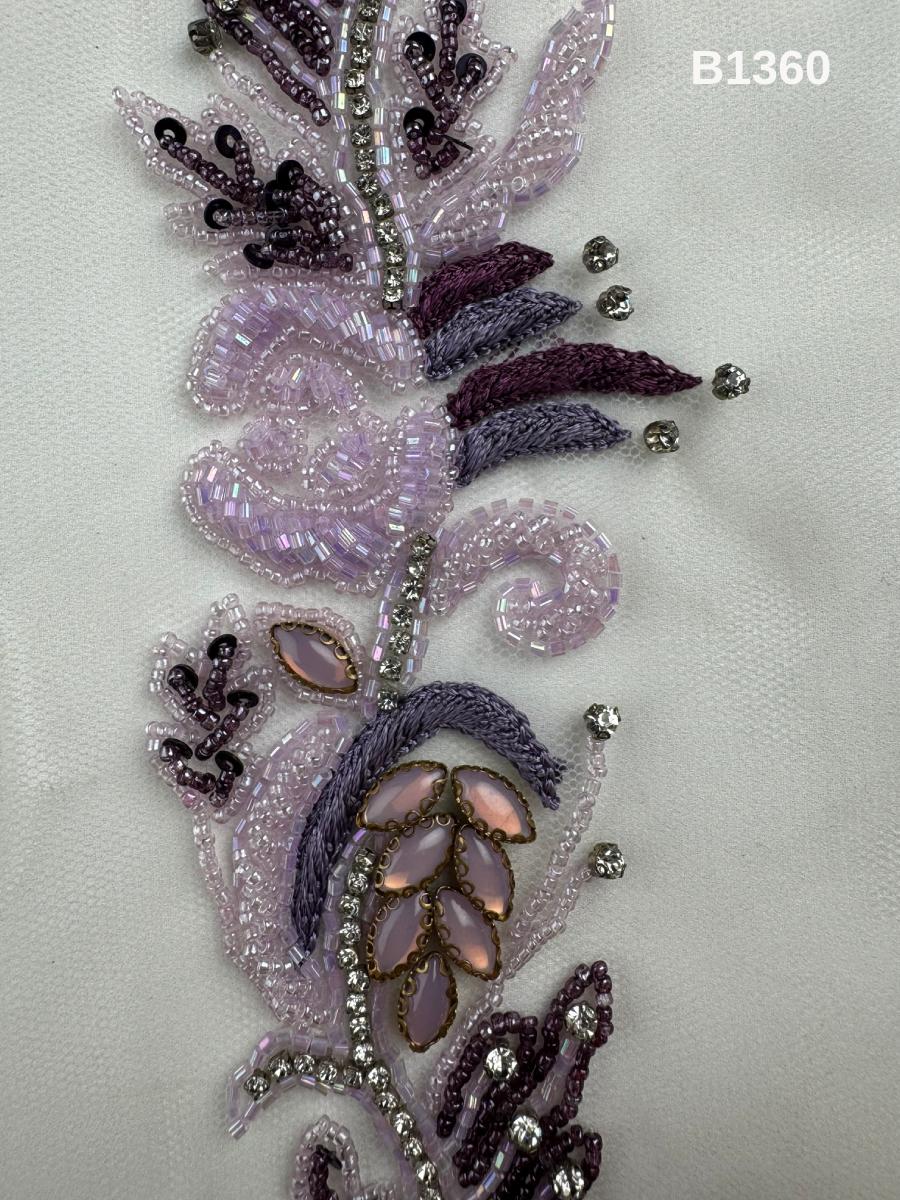 #B1360 Exquisite Floral Design Trim Beaded with Thread Work, Rhinestones, and Exotic Beads – Luxurious Decorative Embellishment for Fashion