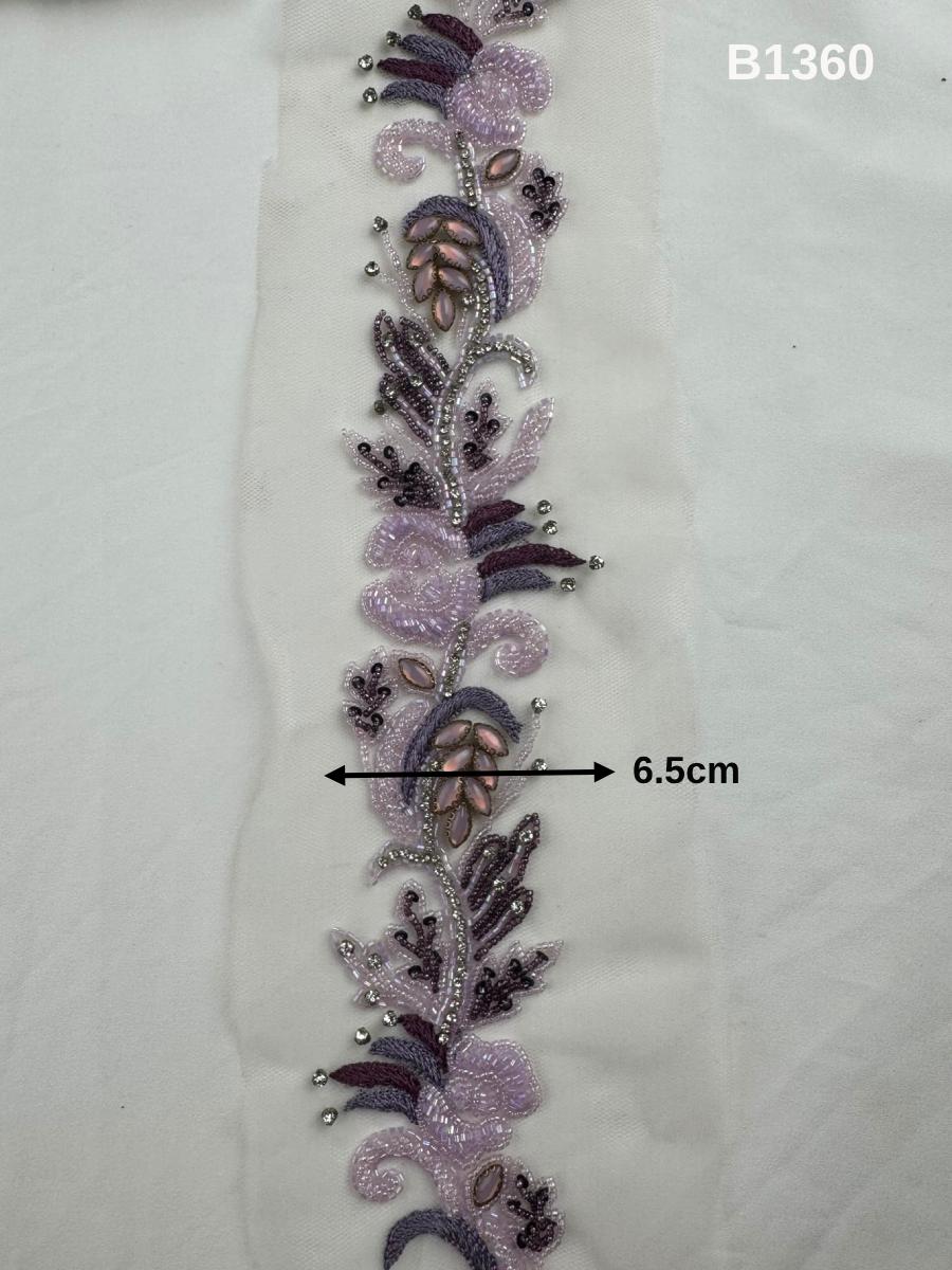 #B1360 Exquisite Floral Design Trim Beaded with Thread Work, Rhinestones, and Exotic Beads – Luxurious Decorative Embellishment for Fashion