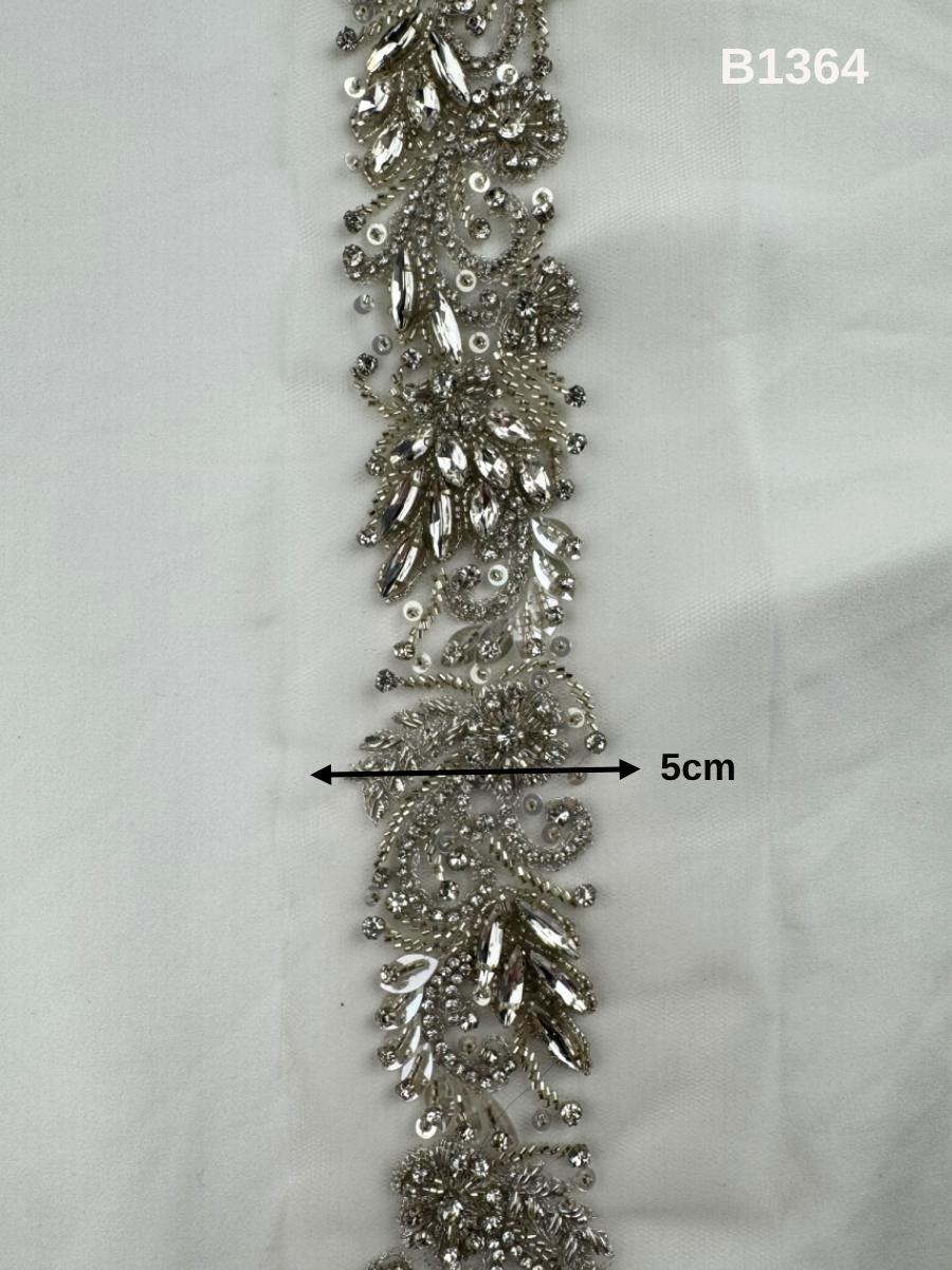 #B1364 Elegant Floral Design Trim Beaded with Rhinestones, Sequins, and Beads – Luxurious Decorative Embellishment for Fashion