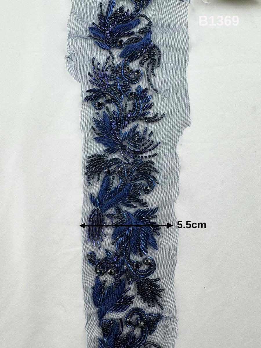 #B1369  Luxurious Abstract Design Trim Beaded with Thread Work, Beads, and Rhinestones – Exquisite Decorative Embellishment for Fashion and Couture