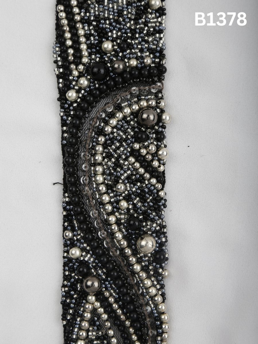 #B1378 Monochrome Mirage: Black & Ivory Abstract Hand-Beaded Trim with Sequins, Beads, and Thread work