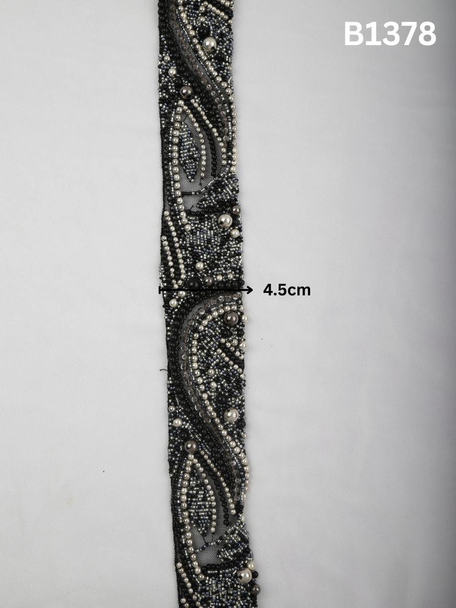 #B1378 Monochrome Mirage: Black & Ivory Abstract Hand-Beaded Trim with Sequins, Beads, and Thread work