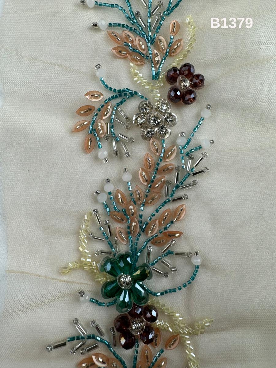 #B1379  Exquisite Floral Design Trim Beaded with Rhinestones, Crystals, and Beads – Luxurious Decorative Embellishment for Couture Fashion and Bridal
