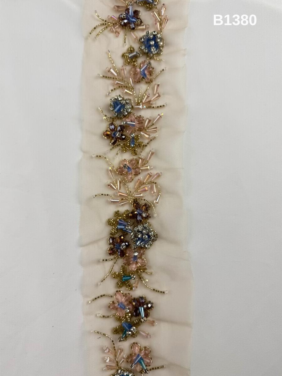 #B1380  Luxurious Floral Design Trim Beaded with Rhinestones, Crystals, and Beads – Exquisite Decorative Embellishment for Couture Fashion and Bridal