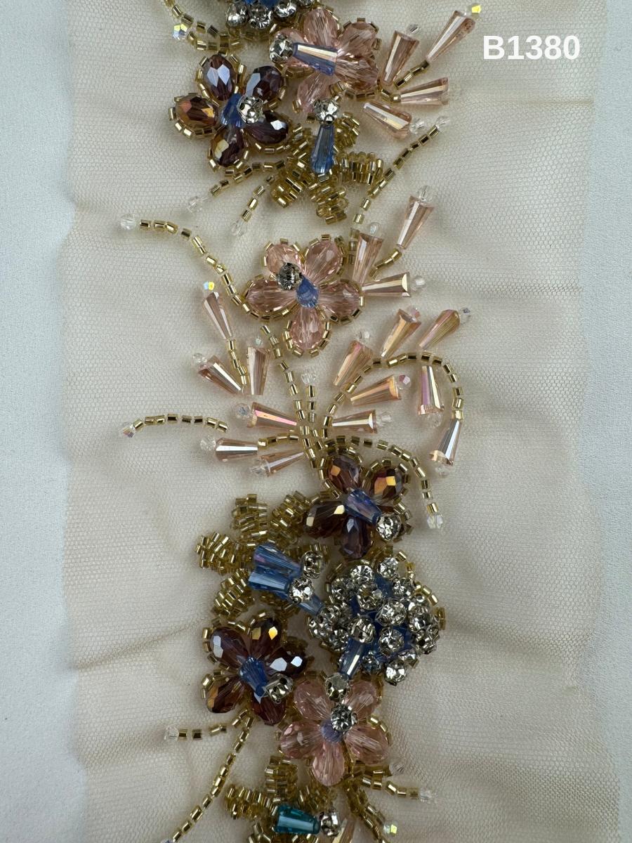 #B1380  Luxurious Floral Design Trim Beaded with Rhinestones, Crystals, and Beads – Exquisite Decorative Embellishment for Couture Fashion and Bridal