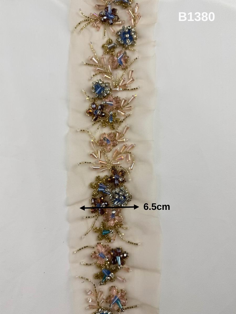 #B1380  Luxurious Floral Design Trim Beaded with Rhinestones, Crystals, and Beads – Exquisite Decorative Embellishment for Couture Fashion and Bridal