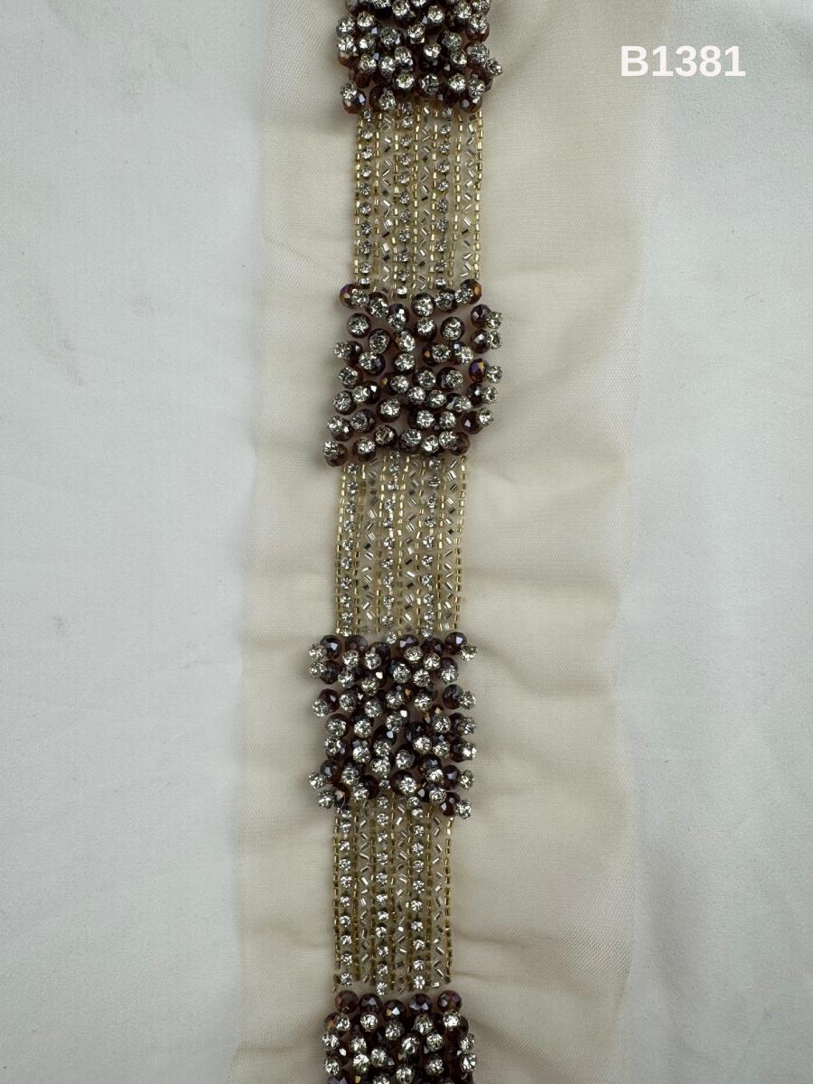 #B1381  Luxurious Asymmetric Design Trim Beaded with Exotic Beads and Rhinestones – Elegant Decorative Embellishment for Couture Fashion
