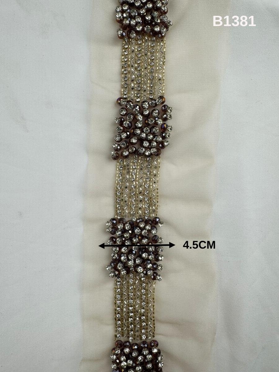 #B1381  Luxurious Asymmetric Design Trim Beaded with Exotic Beads and Rhinestones – Elegant Decorative Embellishment for Couture Fashion