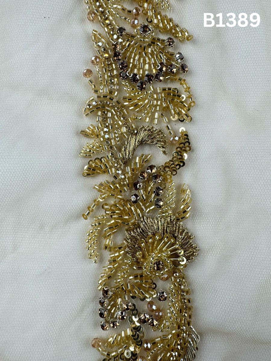 #B1389 Gold Hand-Beaded Trim with Abstract Layout Featuring Beads, Sequins, Rhinestones, and Thread work