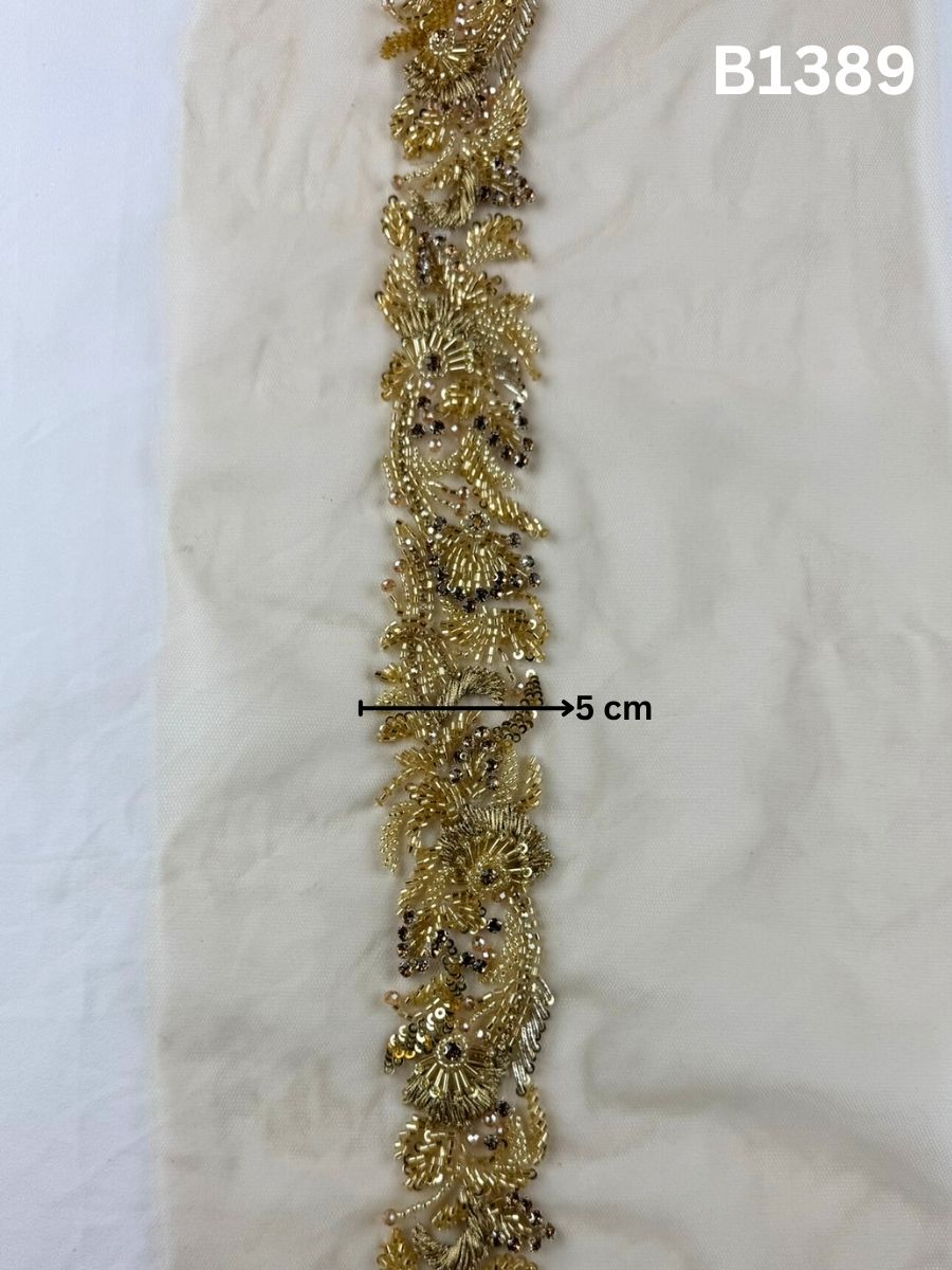 #B1389 Gold Hand-Beaded Trim with Abstract Layout Featuring Beads, Sequins, Rhinestones, and Thread work