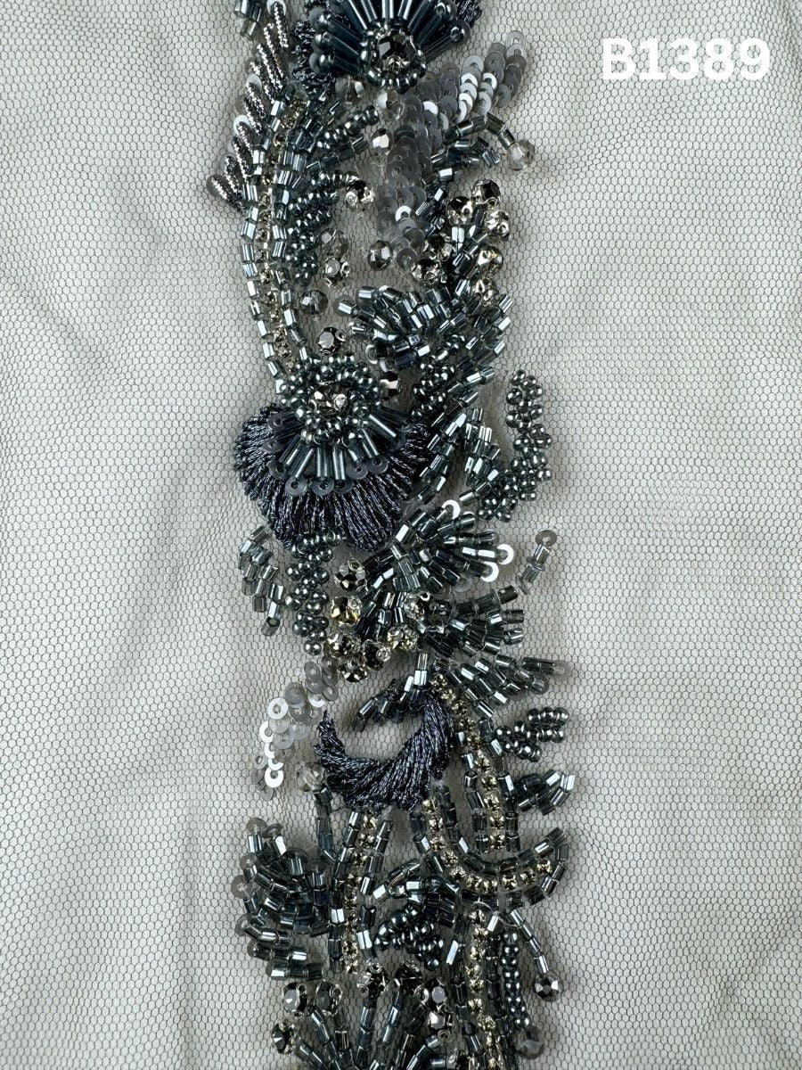 #B1389 Gold Hand-Beaded Trim with Abstract Layout Featuring Beads, Sequins, Rhinestones, and Thread work