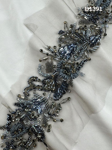 #B1391  Elegant Floral Design Trim Beaded with Thread Work, Beads, Rhinestones, and Crystals – Luxurious Decorative Embellishment for Couture Fashion
