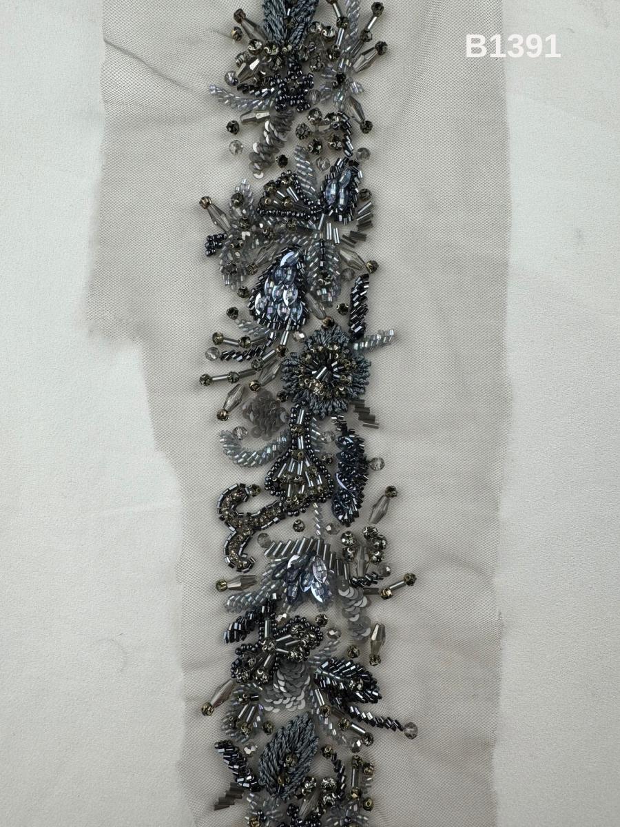 #B1391  Elegant Floral Design Trim Beaded with Thread Work, Beads, Rhinestones, and Crystals – Luxurious Decorative Embellishment for Couture Fashion
