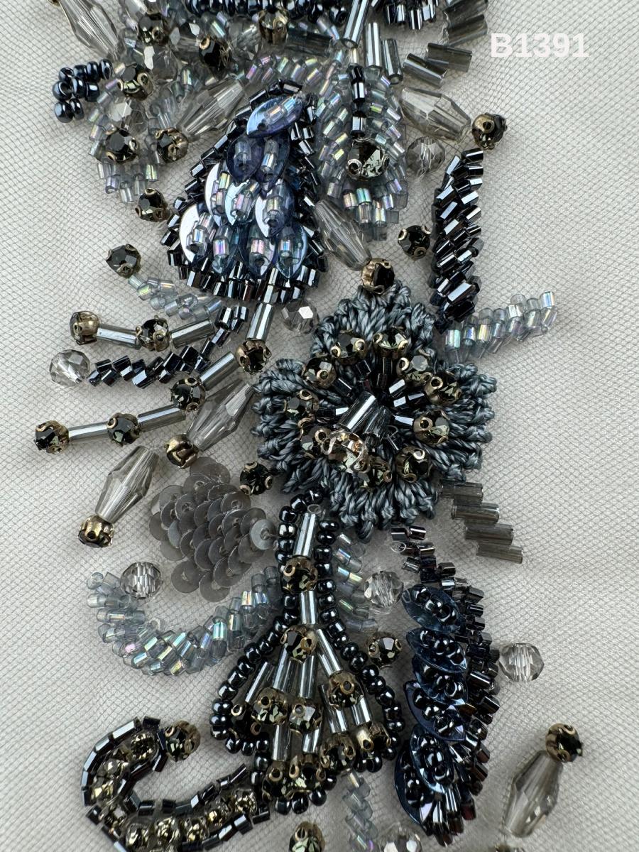 #B1391  Elegant Floral Design Trim Beaded with Thread Work, Beads, Rhinestones, and Crystals – Luxurious Decorative Embellishment for Couture Fashion