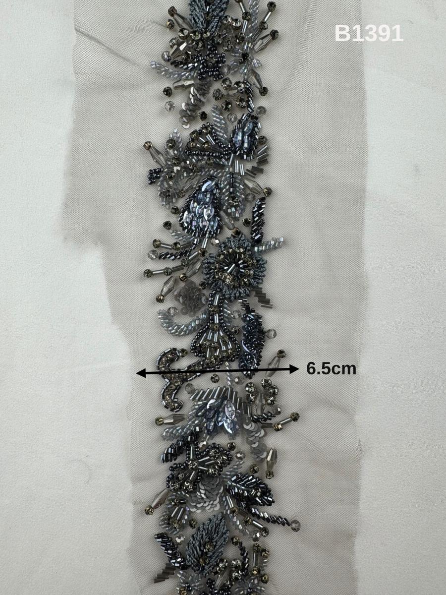 #B1391  Elegant Floral Design Trim Beaded with Thread Work, Beads, Rhinestones, and Crystals – Luxurious Decorative Embellishment for Couture Fashion