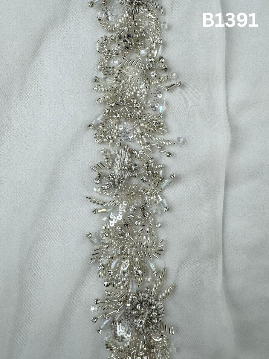 #B1391  Elegant Floral Design Trim Beaded with Thread Work, Beads, Rhinestones, and Crystals – Luxurious Decorative Embellishment for Couture Fashion