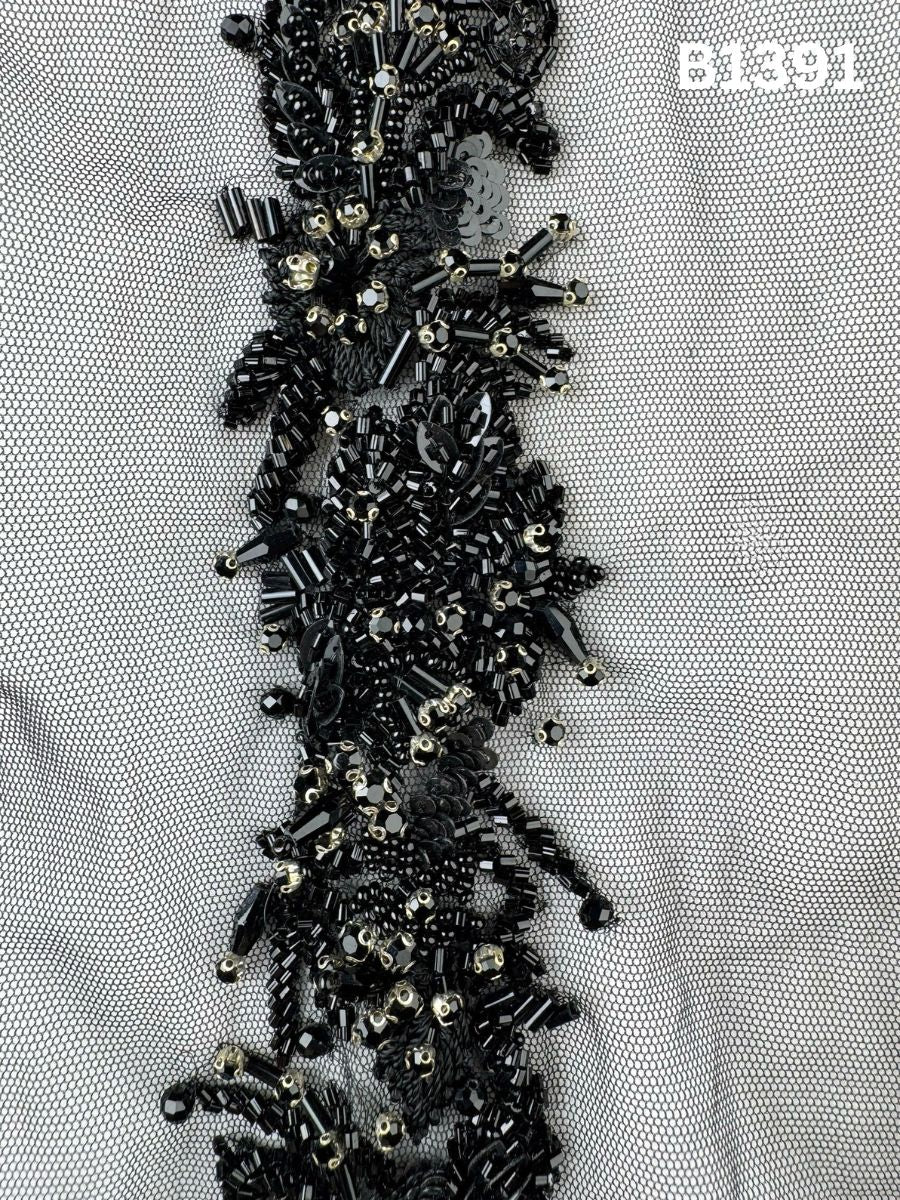 #B1391  Elegant Floral Design Trim Beaded with Thread Work, Beads, Rhinestones, and Crystals – Luxurious Decorative Embellishment for Couture Fashion