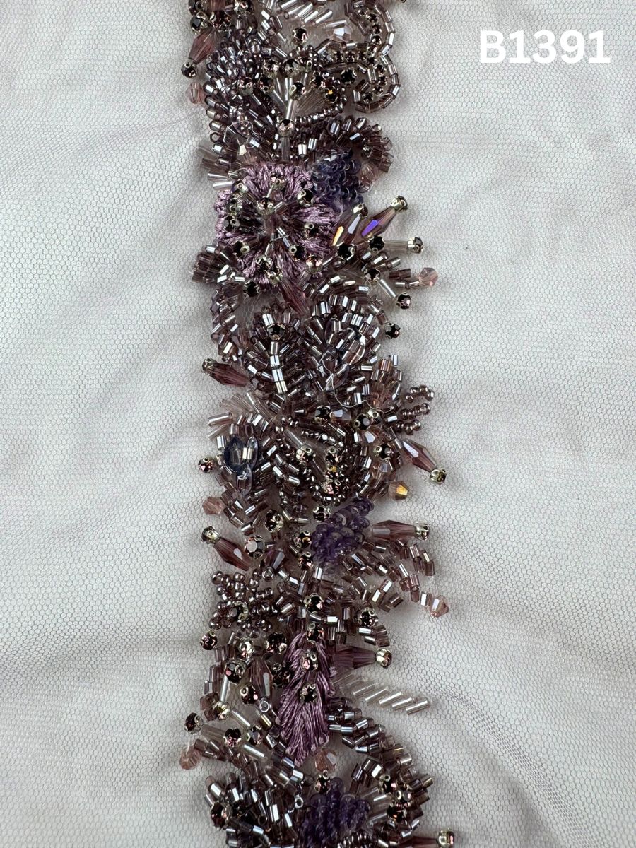 #B1391  Elegant Floral Design Trim Beaded with Thread Work, Beads, Rhinestones, and Crystals – Luxurious Decorative Embellishment for Couture Fashion