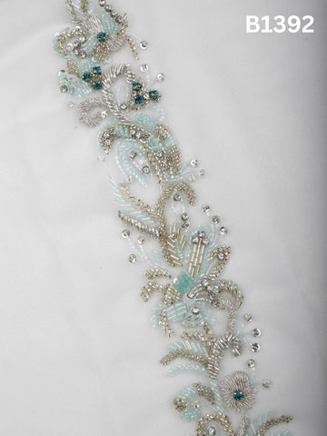 #B1392 Azure Gilded Bloom: Hand-Beaded Floral Trims in Sky Blue and Gold with Rhinestones, Sequins & Beads