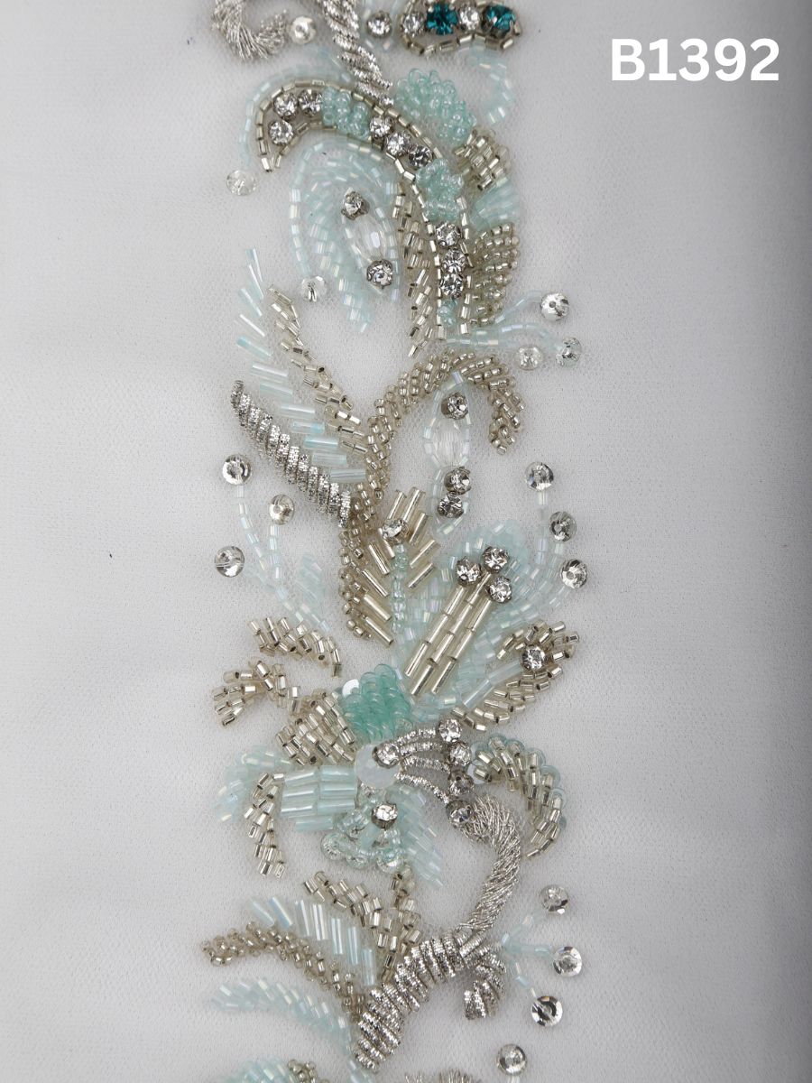 #B1392 Azure Gilded Bloom: Hand-Beaded Floral Trims in Sky Blue and Gold with Rhinestones, Sequins & Beads